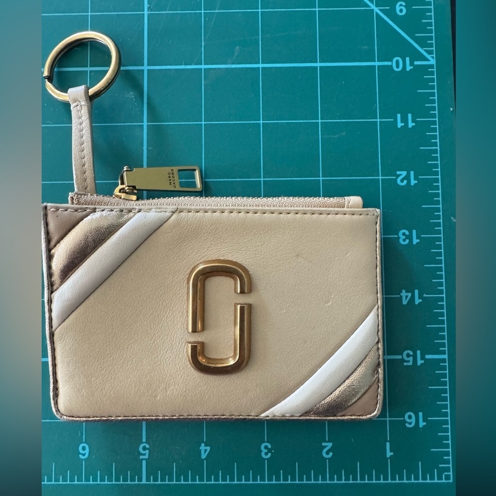 Marc Jacobs Beige, White and Gold Card Holder with Key Ring